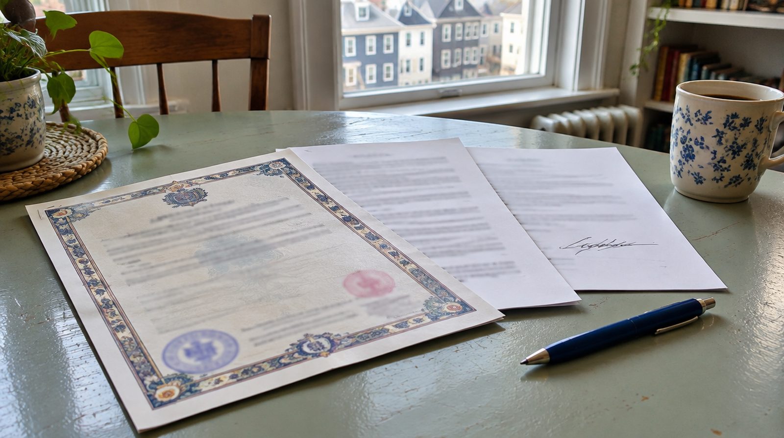 A foreign-language marriage record and its stapled English translation with a translator's signed statement, beside a pen on a sunlit kitchen table