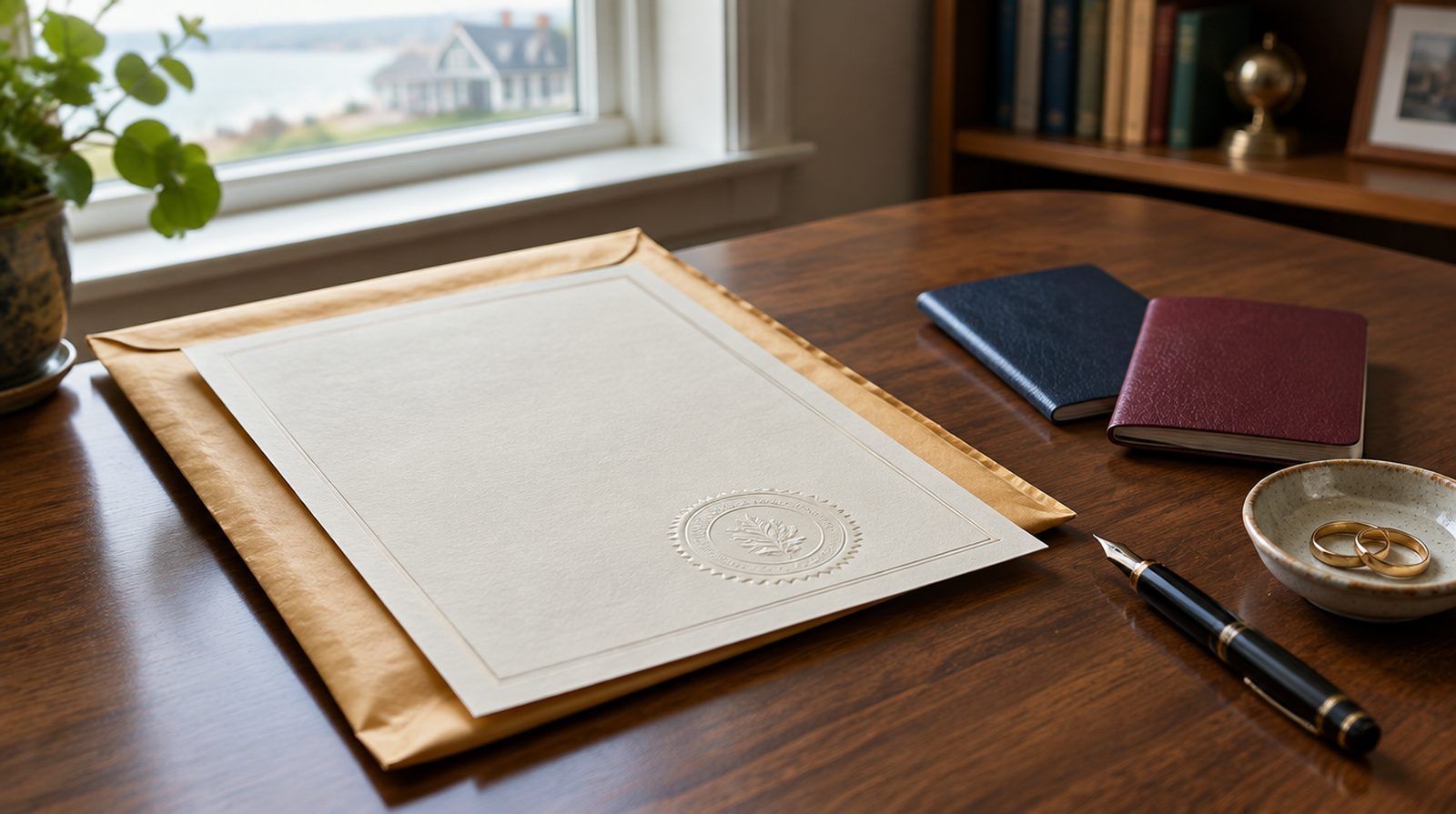 A certified copy of a marriage record with a raised clerk's seal resting on a courier envelope beside two passports on a wooden desk