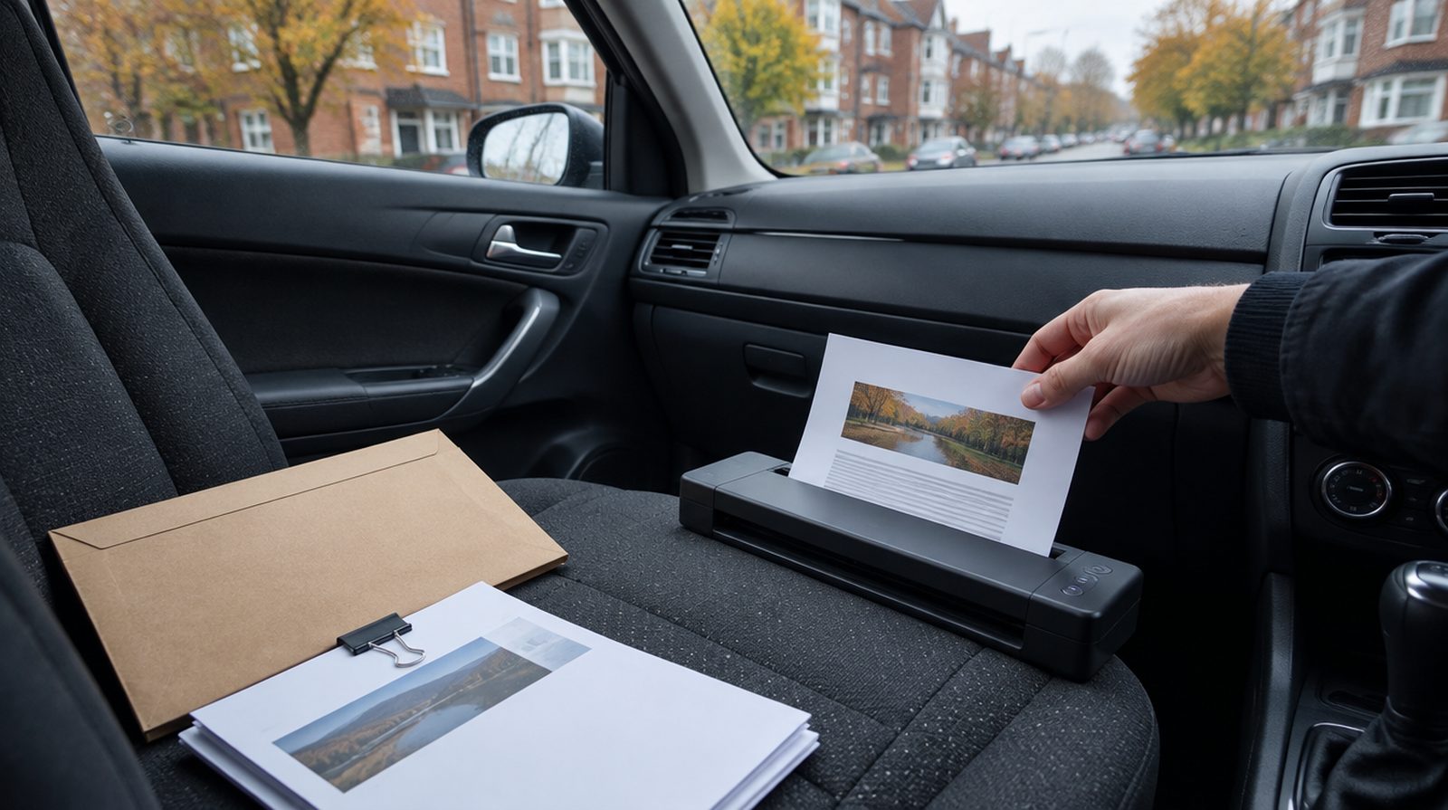 Signed loan documents being fed into a portable document scanner on a car's passenger seat outside a Lowell home, with a prepaid shipping envelope beside them
