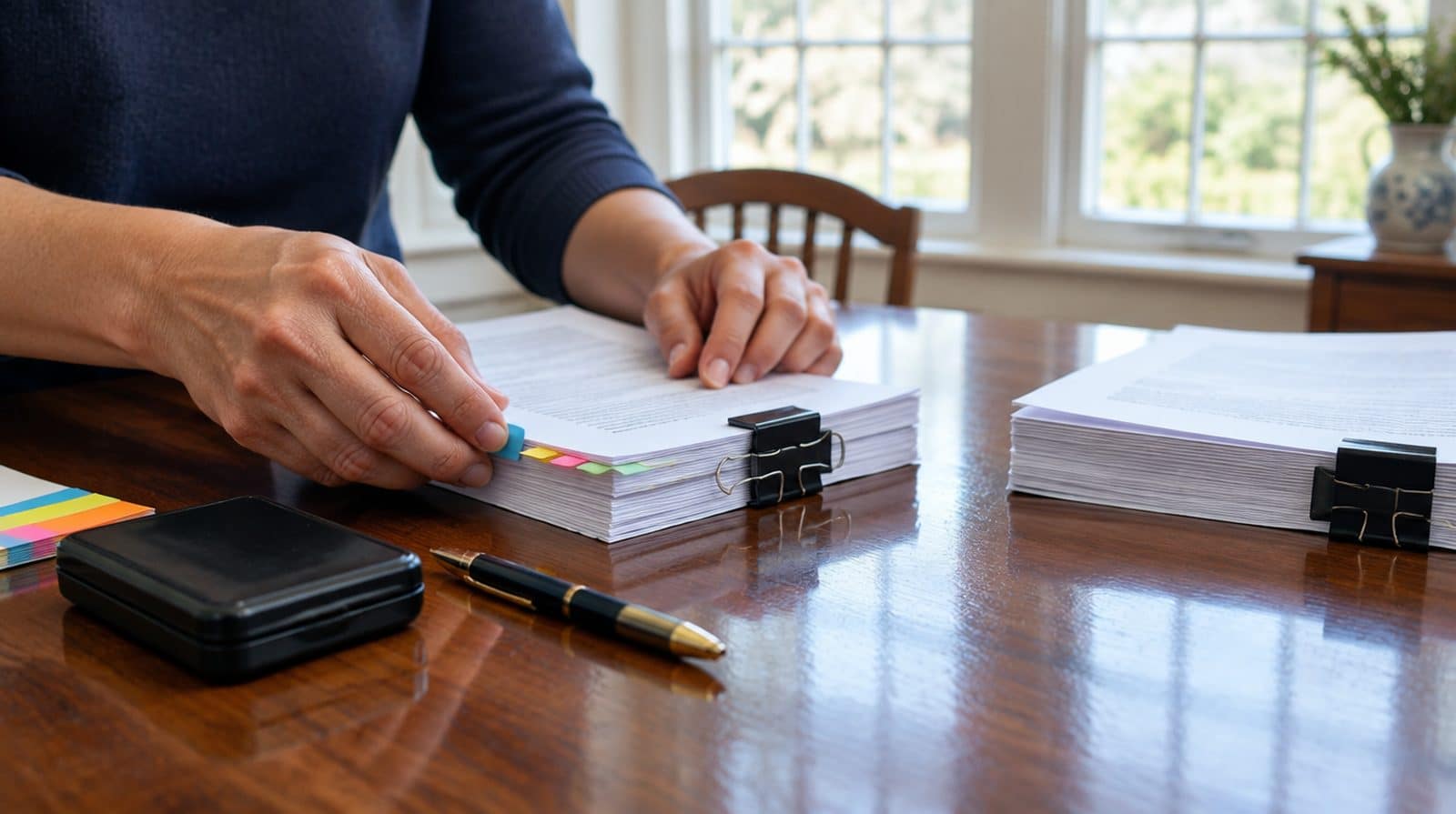 Signing agent's hands flagging pages of a thick loan package on a dining table in a Massachusetts colonial, with a notary stamp case and a stack of sticky tabs