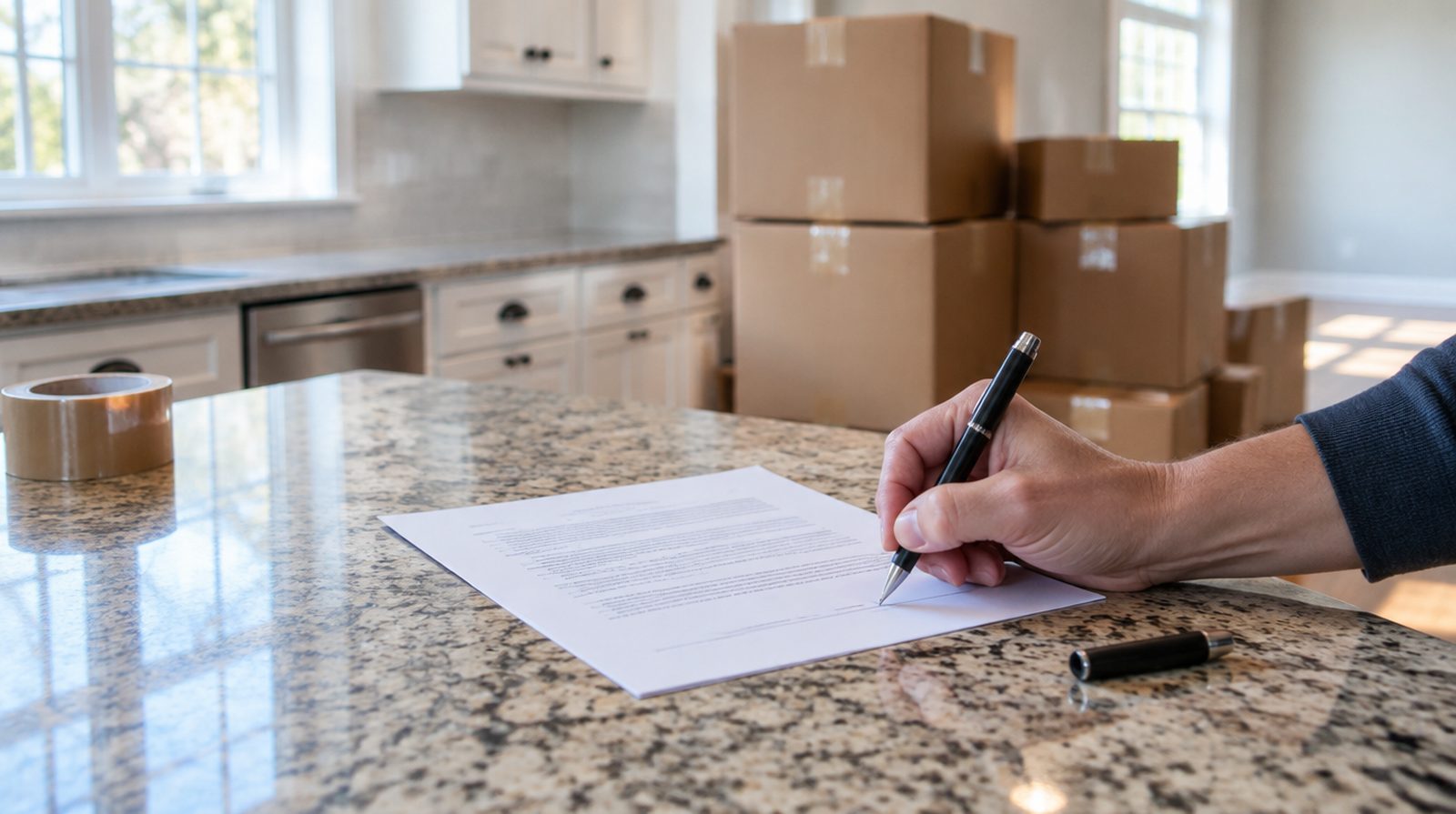 Seller's hand signing a deed on a kitchen island in an emptied Andover home, moving boxes stacked in the background