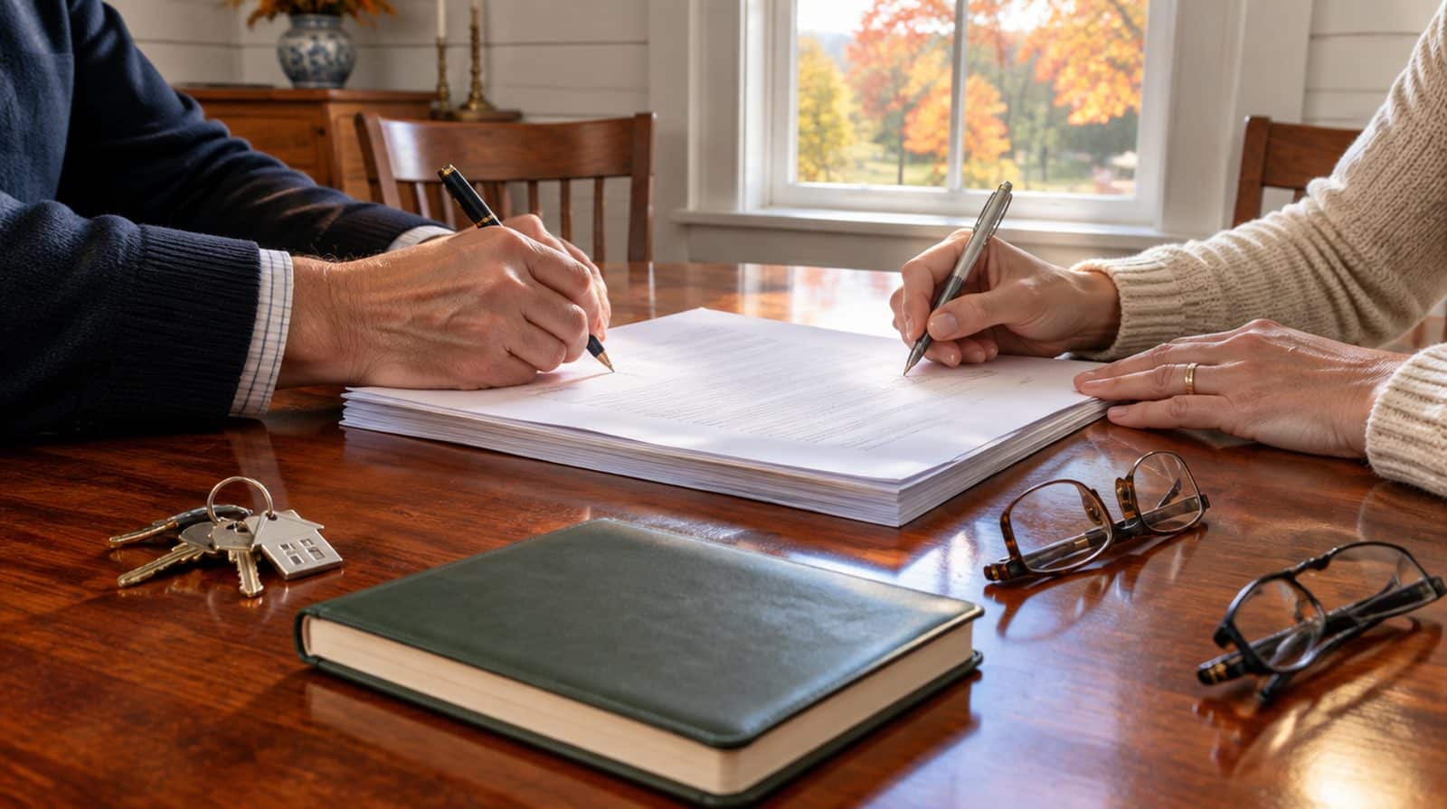 Couple's hands signing a mortgage package at a dining table in an Andover colonial home, a set of house keys and a notary journal beside the papers
