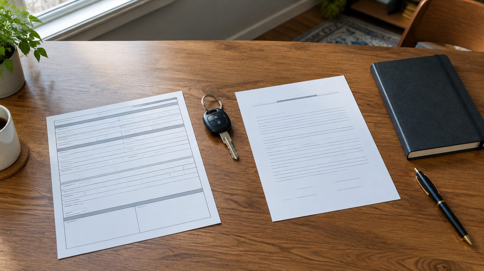 Car title, a set of car keys and a bill of sale on a notary's desk next to a closed notary journal, ready for a Billerica private sale