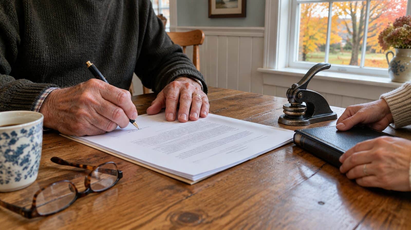 Older man signing a power of attorney at a kitchen table in a Billerica colonial home while a notary's embosser and journal wait beside the papers