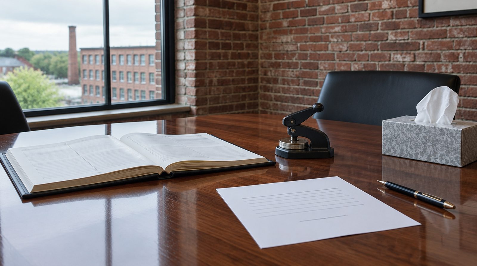 Notary's journal and embosser on a conference table in a quiet law office in Lowell, with a single unsigned consent form waiting beside a box of tissues