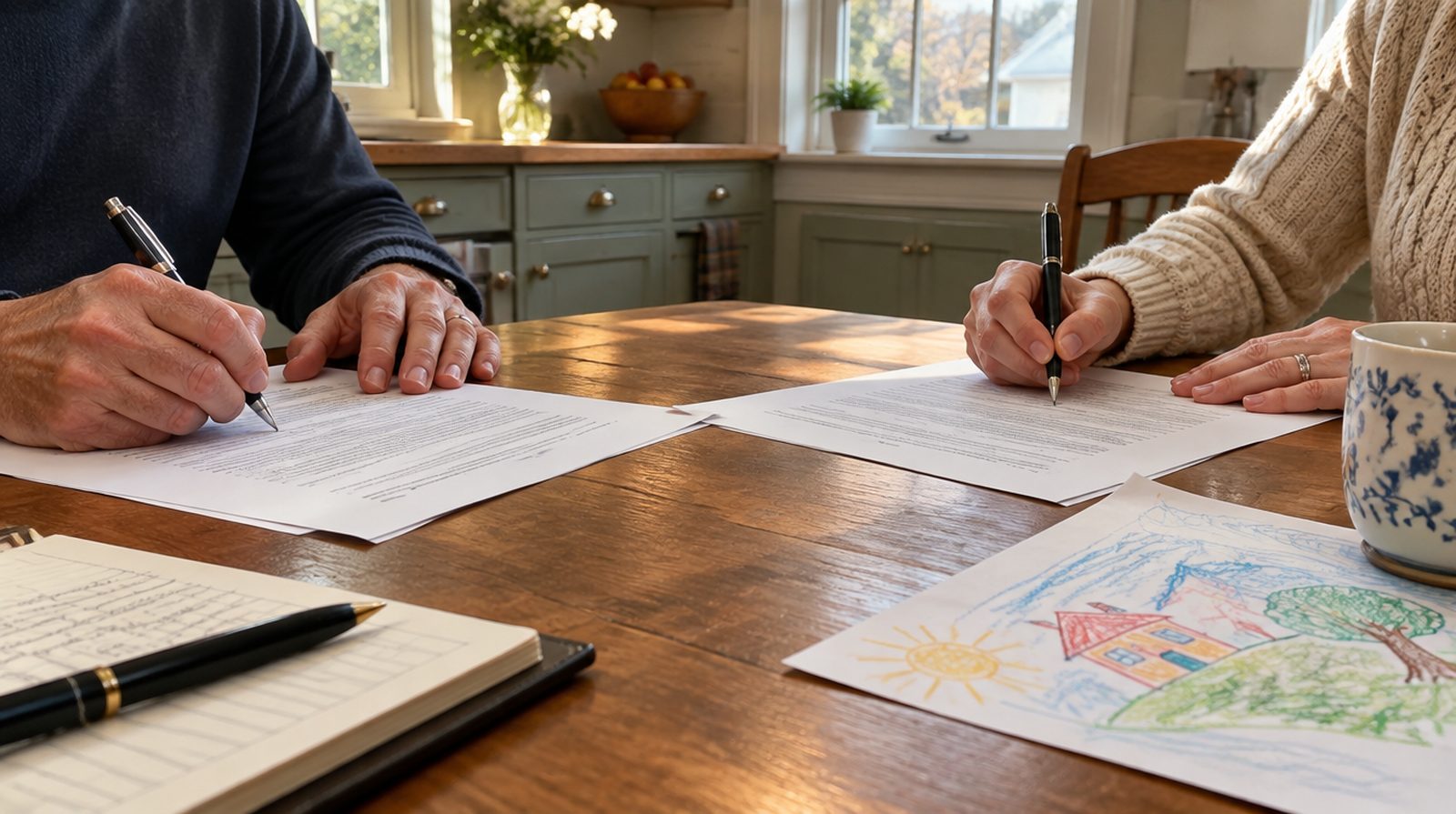 Two adults' hands signing adoption affidavits side by side at a kitchen table in a Massachusetts home, with a child's drawing pinned under a coffee mug