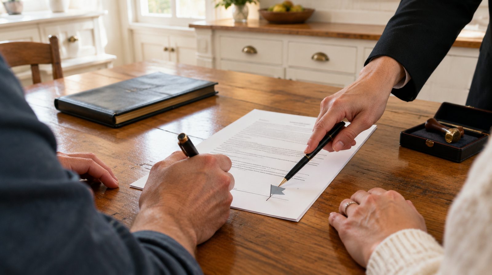 Two people's hands at a kitchen table in a Massachusetts home signing a loan document while a notary's hand points to a flagged signature line