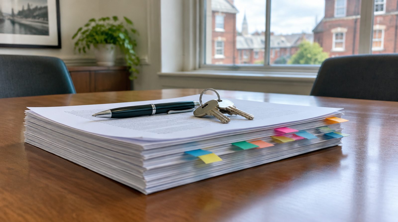 A thick stack of closing documents with colored signature flags on a conference table, a pen and a set of house keys resting on top