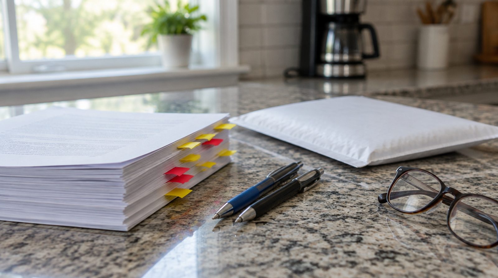 Stack of loan documents with colored signature flags, two pens and a prepaid courier envelope on a kitchen counter in a Lowell-area home